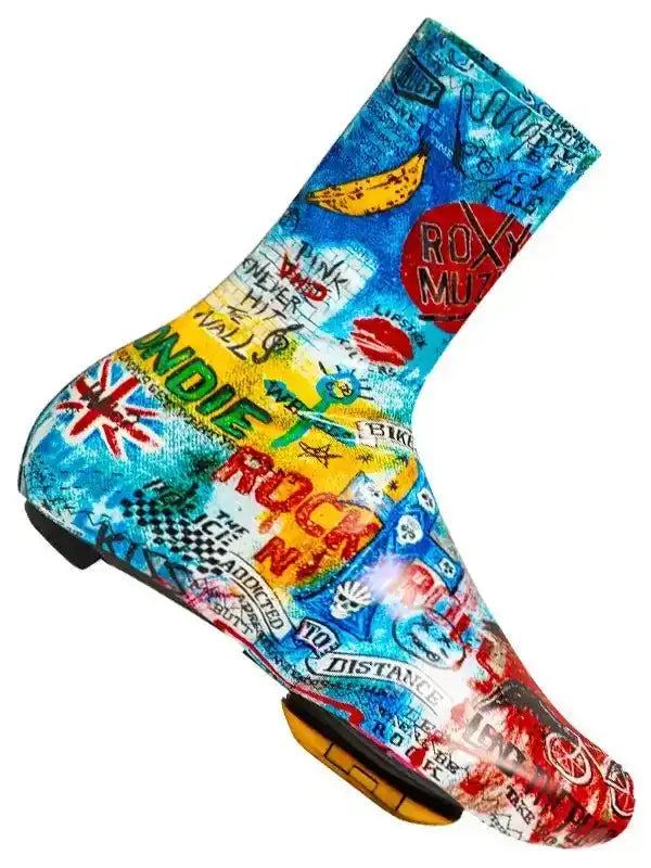 Colorful rock music themed cycling sock with band logos and graffiti art design