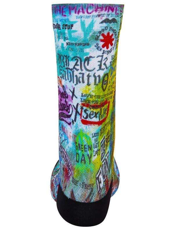 Colorful punk rock cycling socks with band graphics and bold text designs for men and women