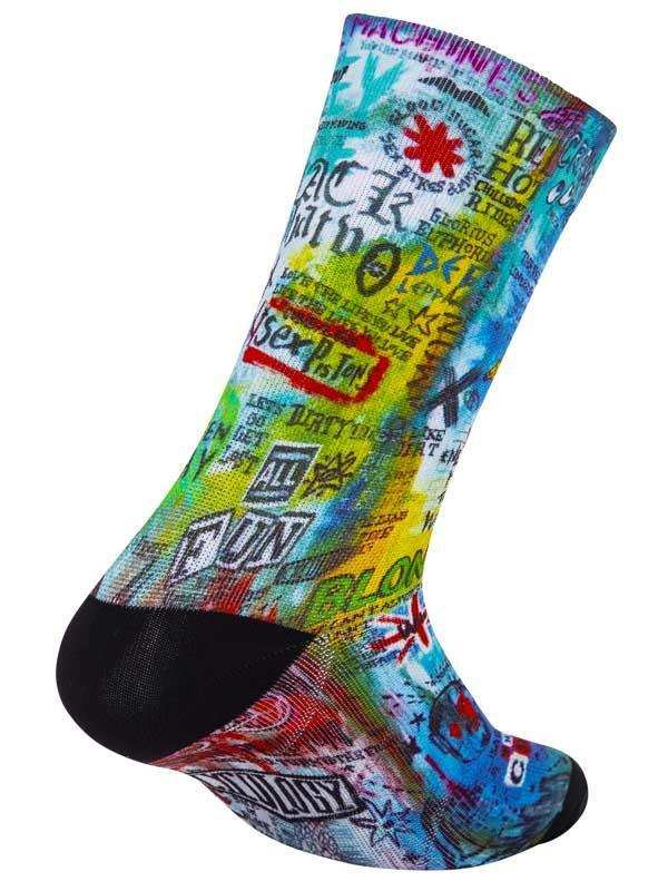 Colorful graffiti-style cycling socks with bold text and graphics, perfect for men's and women's bike rides.