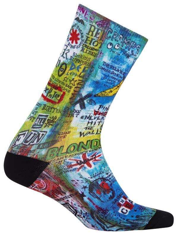 Colorful cycling socks with bold graffiti-style graphics and text, perfect for bike rides and active wear.