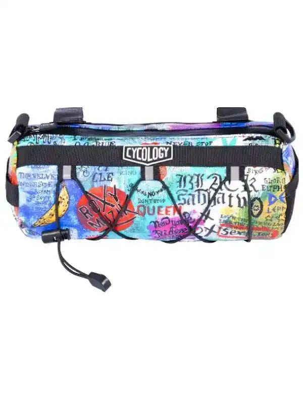 Colorful graffiti-style cycling frame bag with adjustable straps and brand patch