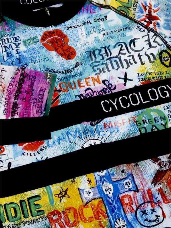Colorful punk rock graphic cycling jersey with band names and edgy designs for men and women