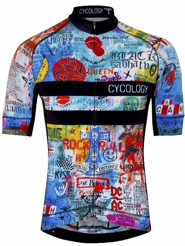 Men's rock band themed cycling jersey with colorful graphic print, short sleeves, and full zip front