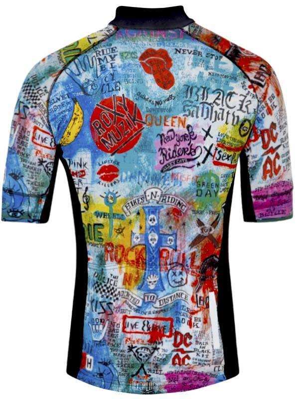 Men's cycling jersey with vibrant rock band graffiti print, short sleeves, ideal for road biking
