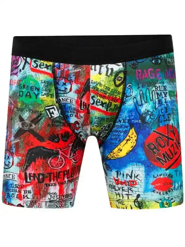 Colorful graffiti-print cycling shorts with bold band names and rock art, perfect for men's or women's bike rides.