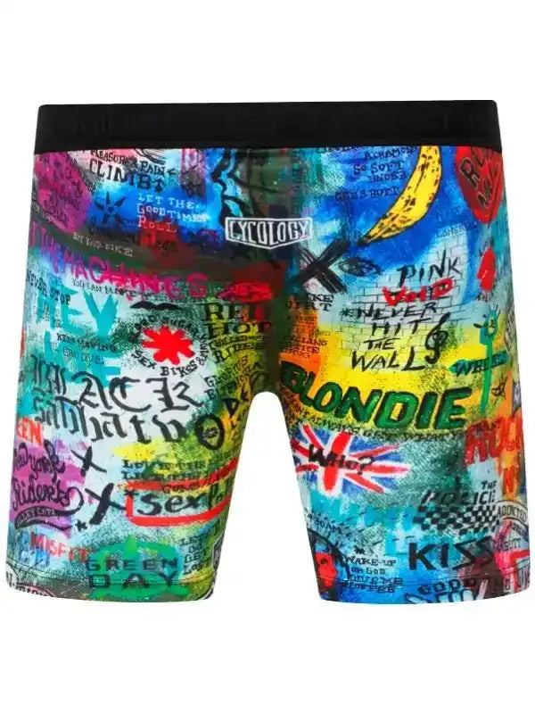 Colorful graffiti-print cycling shorts with band names and punk rock designs for men or women