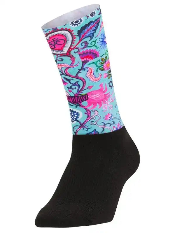 Colorful cycling sock with floral and gear pattern, black toe and heel, ideal for bike rides