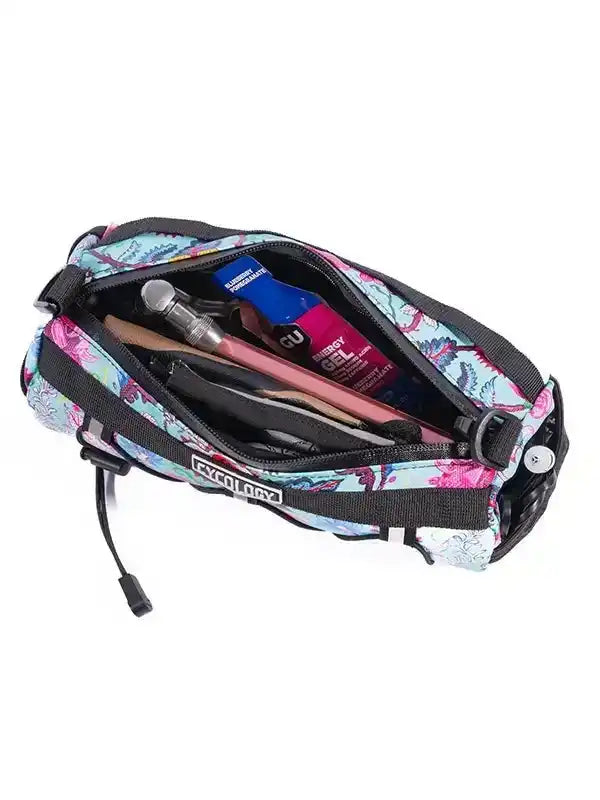 Cycology floral bike frame bag with tools and energy gels inside, perfect for cycling adventures.