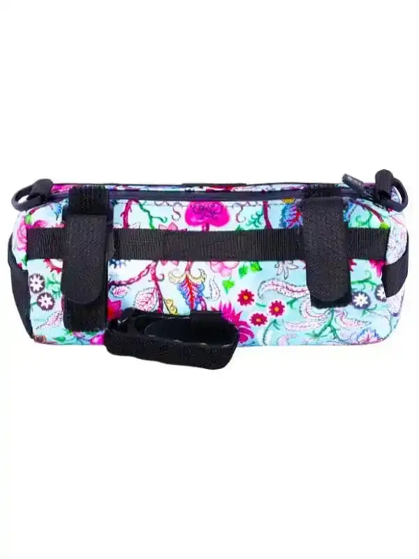 Colorful floral bike frame bag with black straps for cycling gear storage