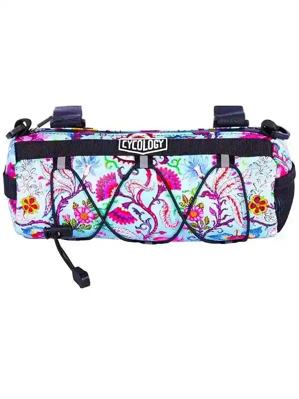Colorful floral cycling frame bag with black straps and logo, ideal for bike rides