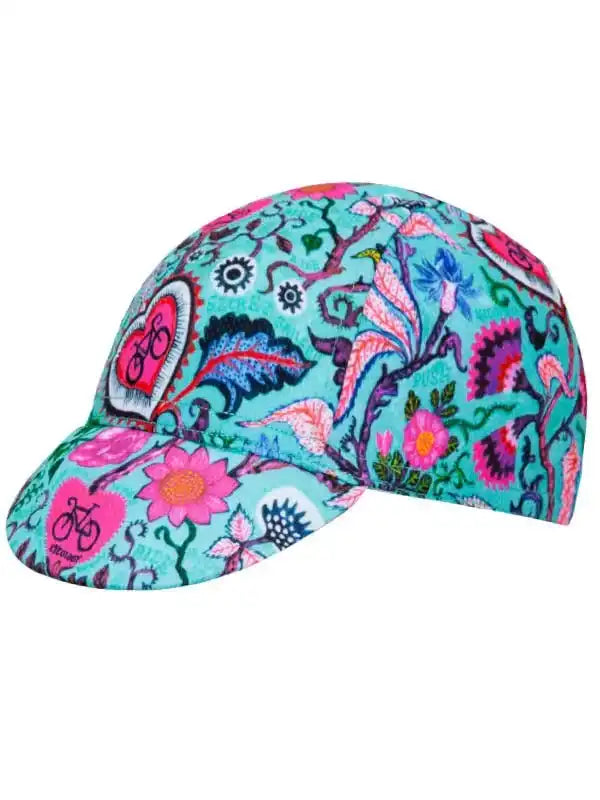 Colorful floral cycling cap with pink hearts and bike motifs, perfect for women's bike rides
