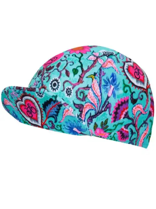 Colorful cycling cap with floral and heart patterns, ideal for women's bike rides