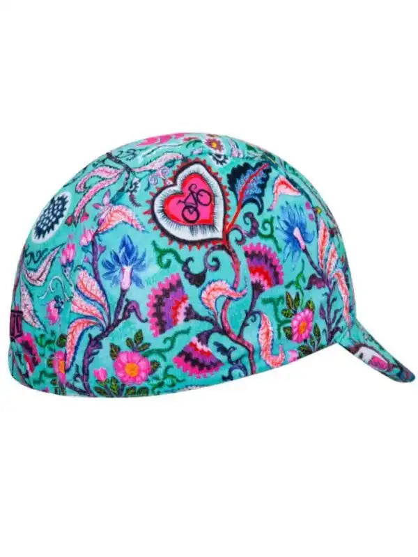 Colorful floral cycling cap with heart and bike design, ideal for men's and women's bike rides