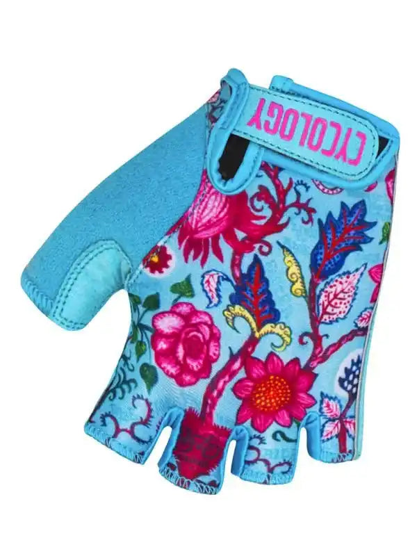 Blue floral cycling glove with pink flowers, perfect for women's bike rides and outdoor adventures