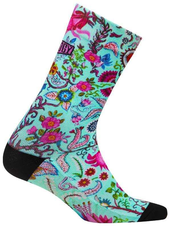 Colorful floral cycling socks with vibrant paisley pattern, black toe and heel, designed for comfort and style.