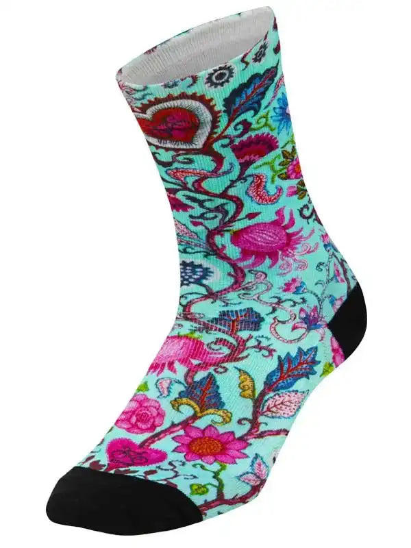 Colorful floral cycling sock with vibrant paisley design, perfect for women's bike rides