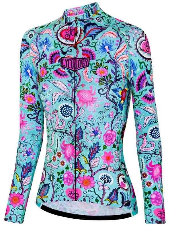 Women's long sleeve cycling jersey with vibrant floral and paisley print, full zip front, and ergonomic fit