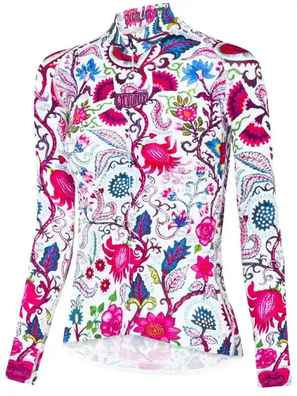 Women's long sleeve cycling jersey with vibrant floral and paisley print, ideal for road bike rides.