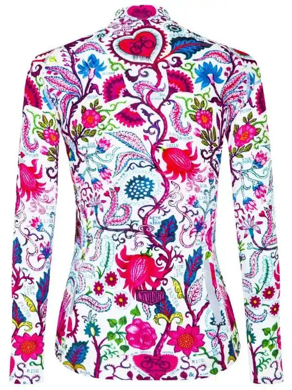 Women's cycling jersey with vibrant floral and heart pattern, long sleeves, back view