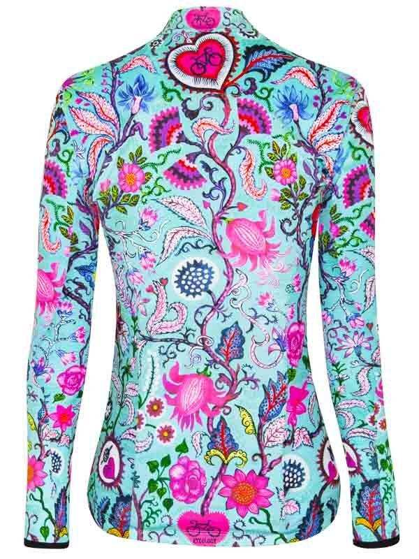 Women's long sleeve cycling jersey with vibrant floral and paisley print, perfect for road biking adventures.