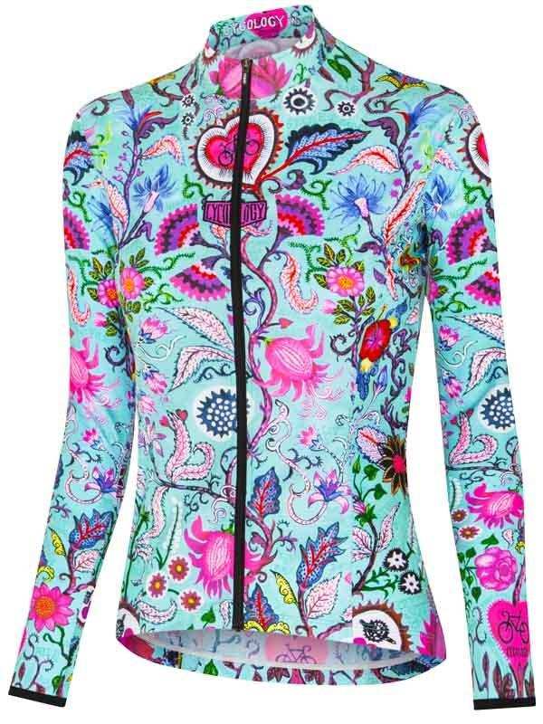 Women's long sleeve cycling jersey with vibrant floral and heart pattern, full zip front, ideal for road biking.