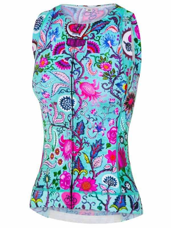 Women's sleeveless cycling jersey with vibrant floral pattern, ideal for bike rides and active wear.