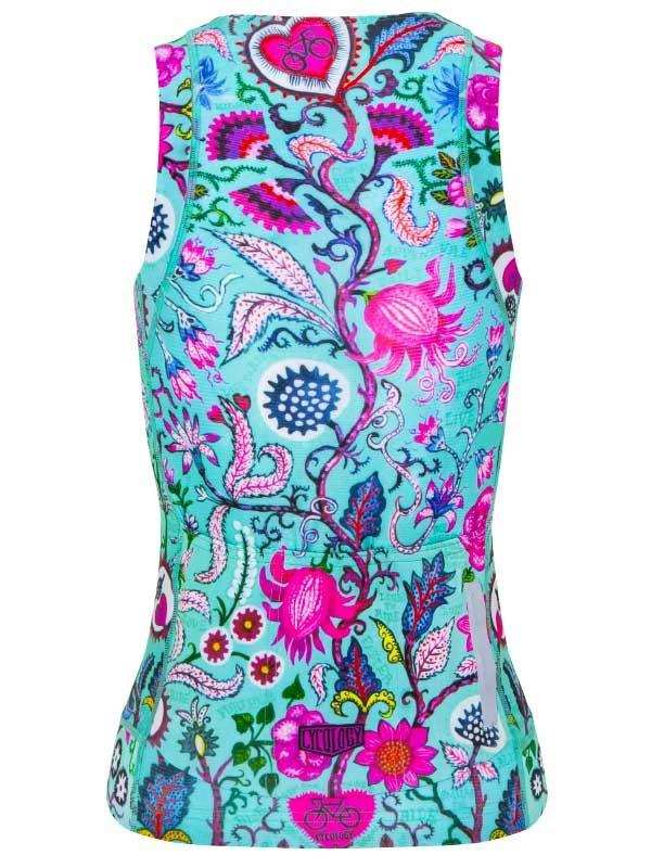 Women's cycling vest with vibrant floral and heart pattern on turquoise background, featuring bike motifs.