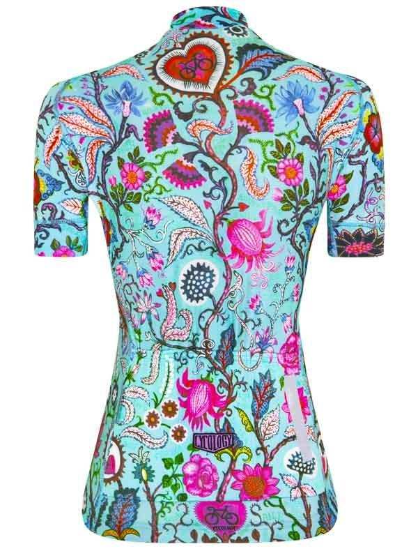 Women's cycling jersey with vibrant floral and heart pattern, short sleeves, back view