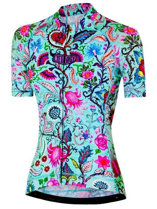 Women's cycling jersey with vibrant floral and paisley print, short sleeves, full zipper