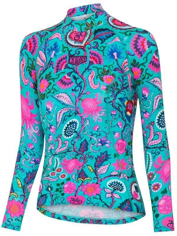Women's long sleeve cycling jersey with vibrant floral and paisley print in teal and pink