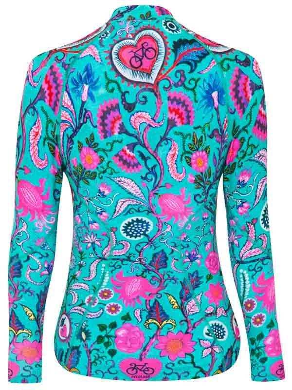 Women's long sleeve cycling jersey with vibrant floral and paisley print, heart with bike design on back