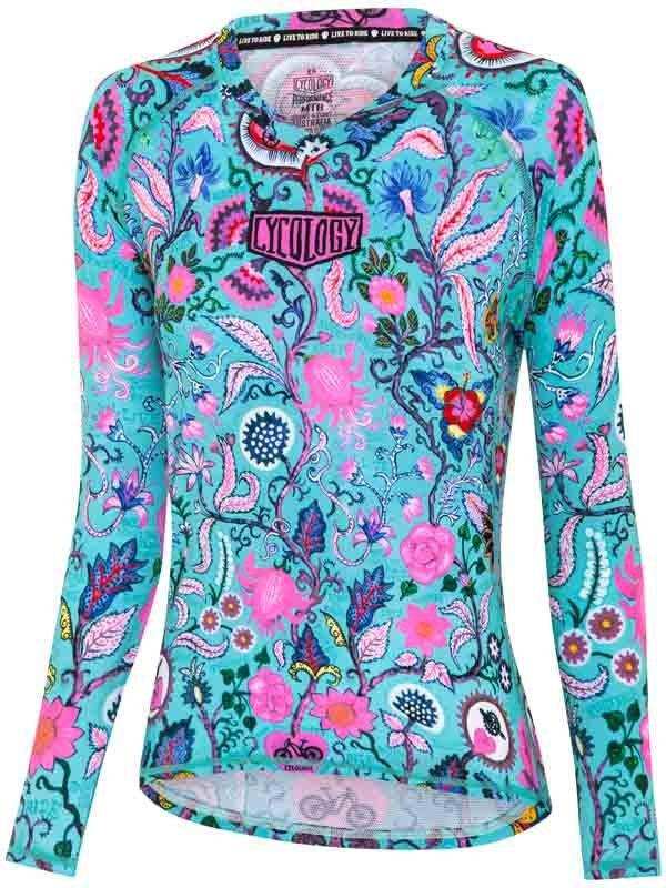 Women's long sleeve cycling jersey with vibrant floral pattern, breathable fabric, and ergonomic fit for road biking