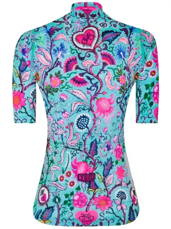Women's cycling jersey with vibrant floral and heart pattern, short sleeves, teal background