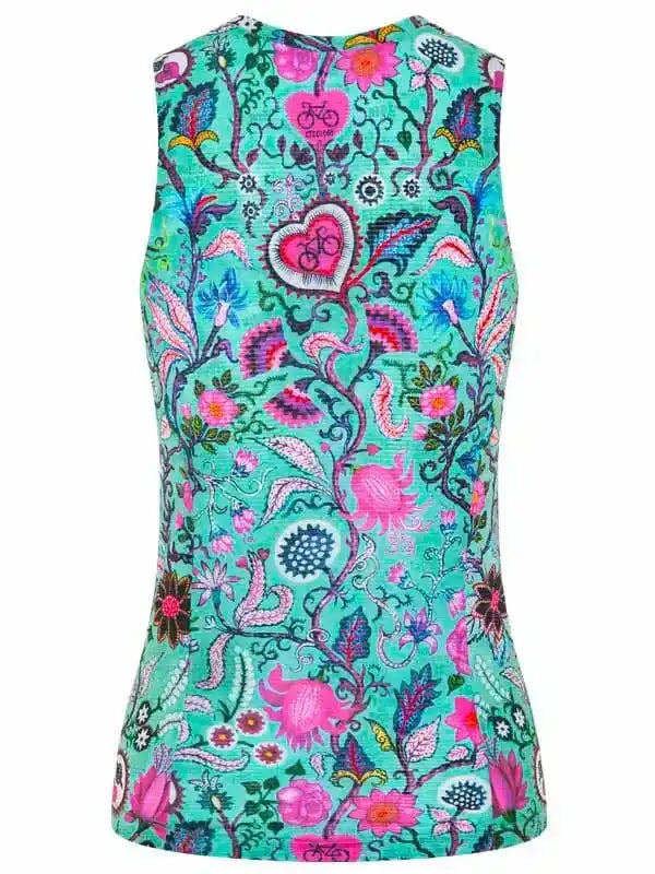 Women's sleeveless cycling jersey with vibrant floral and bike print on teal background