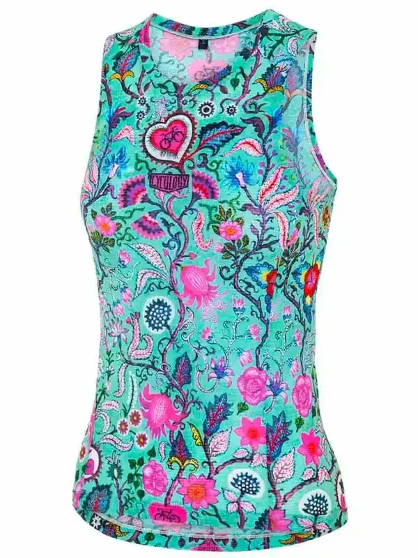 Women's sleeveless cycling jersey with vibrant floral and heart pattern on teal background