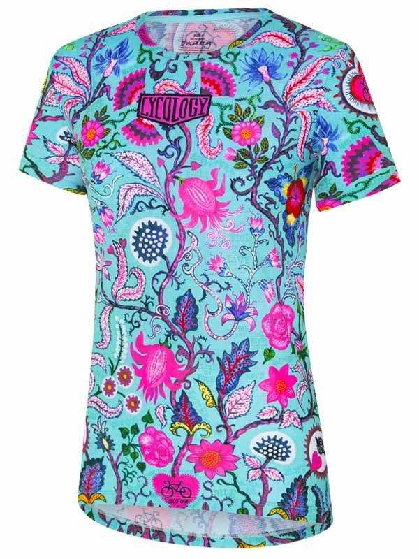 Women's cycling jersey with vibrant floral print, pink and blue design, performance fabric