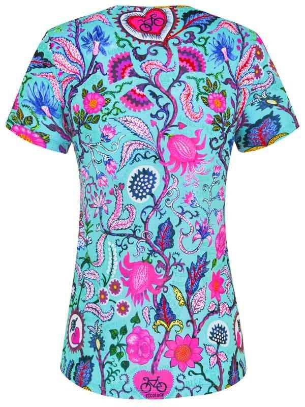 Women's cycling jersey with vibrant floral and bicycle heart print on teal background