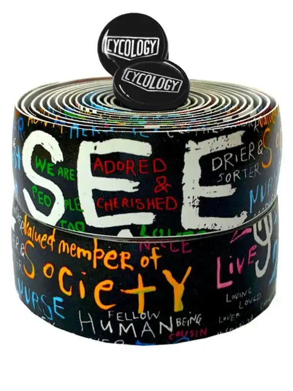 Cycology bike handlebar tape with colorful 'See Society' graffiti design and branded end plugs