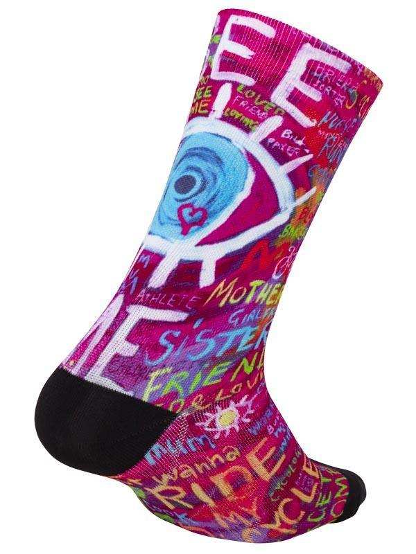 Colorful cycling sock with vibrant graffiti-style words like 'RIDE' and 'FRIEND', perfect for bike enthusiasts.