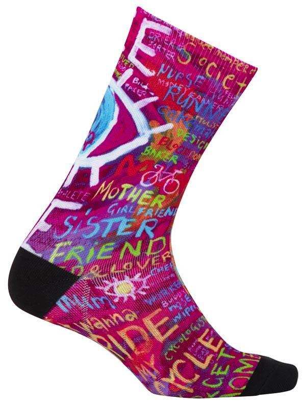 Colorful cycling sock with vibrant text and bike graphics, perfect for women riders