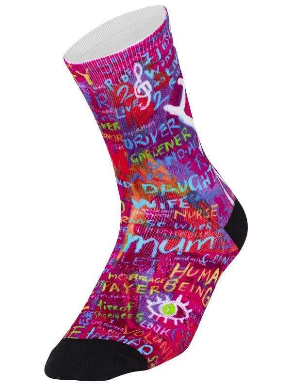 Colorful cycling sock with vibrant word art design, ideal for women's bike rides and active lifestyles.