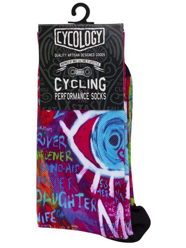 Colorful cycling performance socks with graffiti-style design, ideal for bike culture enthusiasts