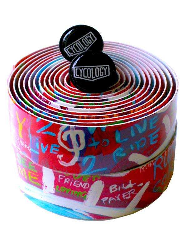 Colorful graffiti-style cycling handlebar tape with 'Live to Ride' design and branded end plugs