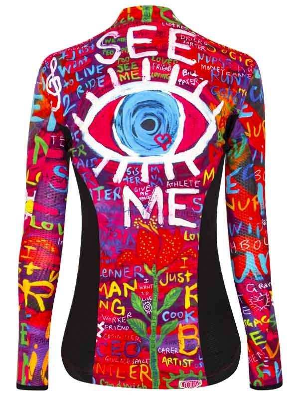 Vibrant long-sleeve cycling jersey with bold 'SEE ME' eye graphic and colorful graffiti-style text design