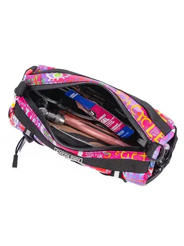 Colorful cycling waist bag with energy gel and tools inside, perfect for bike rides and outdoor adventures.