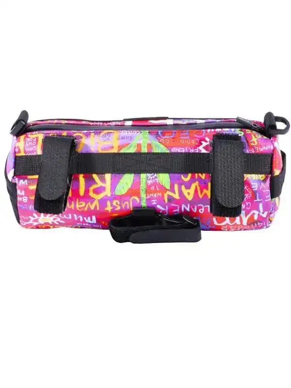 Colorful graffiti-style bike frame bag with black straps for cycling gear storage