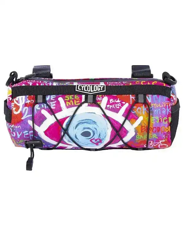 Colorful graffiti-style cycling frame bag with eye design and black straps