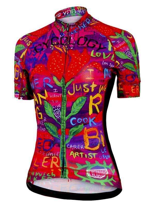 Women's colorful cycling jersey with vibrant strawberry and text print design
