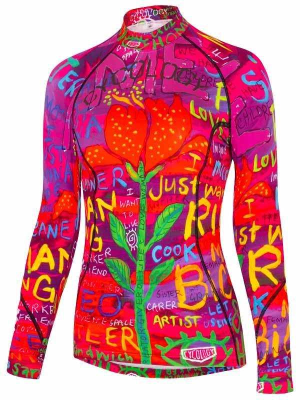 Vibrant women's cycling jersey with colorful floral and text print, long sleeves, and high collar for active rides.