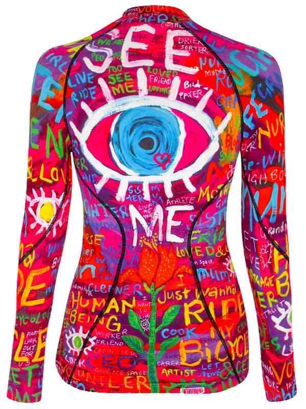 Vibrant cycling jersey with bold eye graphic and colorful graffiti-style text, perfect for road or mountain biking.